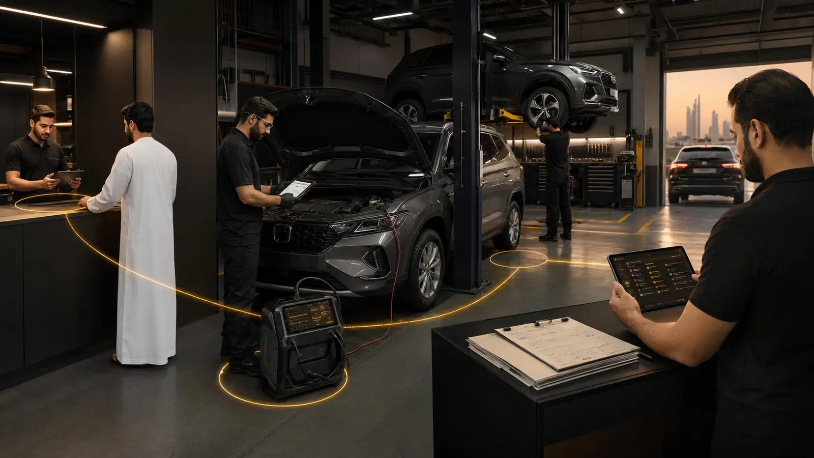 A vehicle service team managing intake, inspection, approval, repair and final release in one garage operation