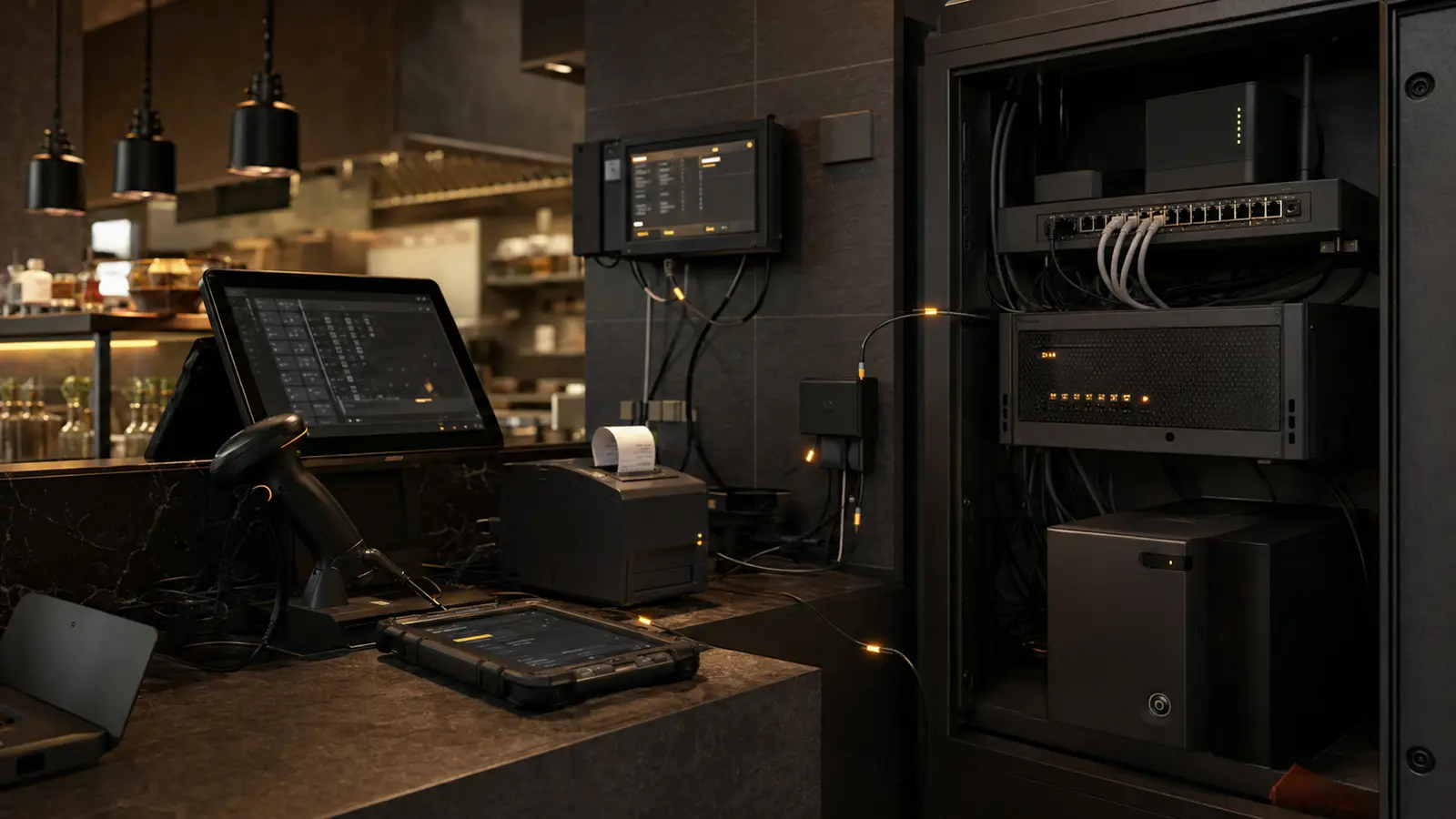 POS, scanner, receipt printer, rugged tablet and local network infrastructure connected in one operation