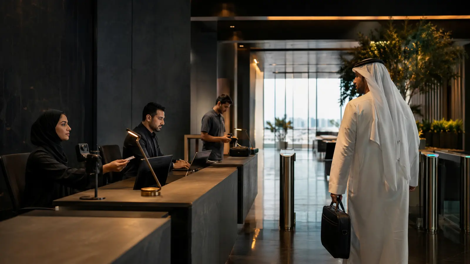A new employee moving through identity verification, manager approval, equipment issue and accountable workplace access